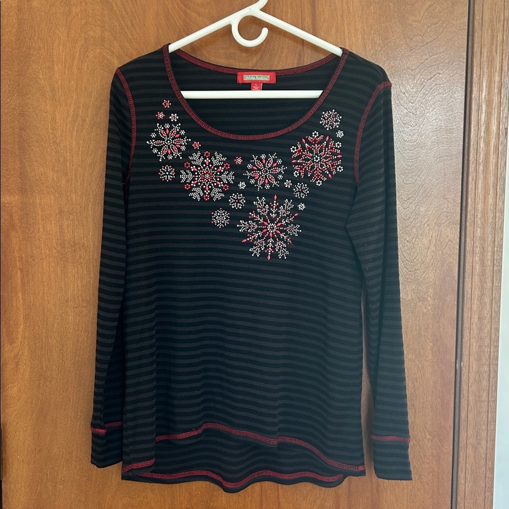 Holiday Traditions Black Striped Holiday Snowflake Long Sleeve Top Size Large